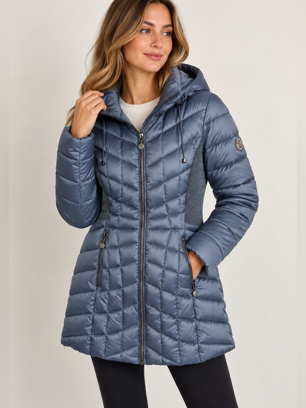 Bernardo Classic EcoPlume Blue Quilted Hooded Puffer Coat Jacket Size M